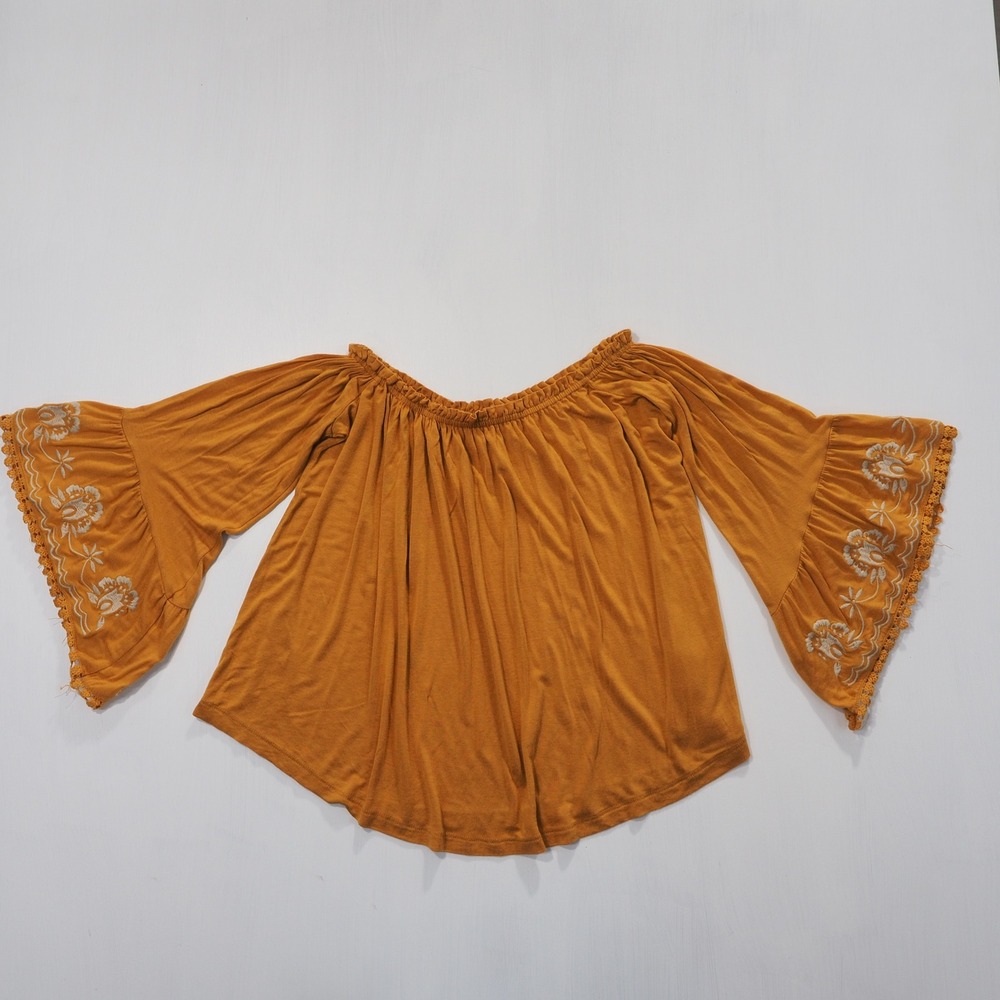 Taylor Sage Top Womens Medium Yellow Off Shoulder Embroidered Boho Bell Sleeve